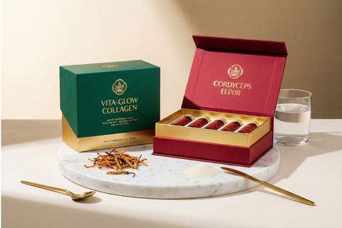 Mẫu bao bì cao cấp ép kim sang trọng dành cho thực phẩm chức năng từ dịch vụ in hộp dược phẩm.