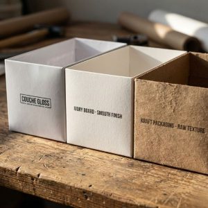 Phân biệt bề mặt của các loại giấy in phổ biến nhất hiện nay như Couche, Ivory và Kraft dùng trong in ấn thương mại.