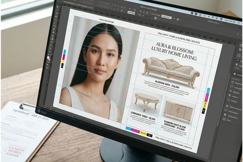 Căn chỉnh tỷ lệ vàng và bố cục chuẩn nhận diện thương hiệu trong quy trình thiết kế catalogue.