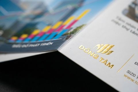 Chi tiết chất liệu giấy Couche và gia công ép kim sắc nét trong dịch vụ in brochure giới thiệu công ty.