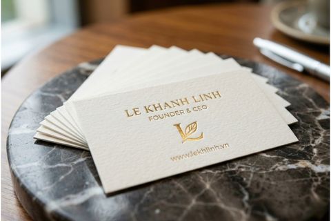 Chi tiết chất liệu giấy mỹ thuật sần và gia công ép kim sắc nét khi in danh thiếp.