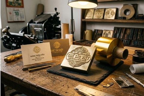 Chi tiết khuôn đồng sắc sảo và màng nhũ vàng trong quy trình sản xuất in card visit ép kim.