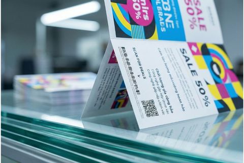 Chi tiết nếp gấp vuông vức và giấy Couche láng mịn trong quy trình in brochure gấp.