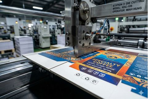 Chi tiết công đoạn bế hình và cấn gân sắc sảo trong quy trình hoàn thiện bao bì hộp mềm.