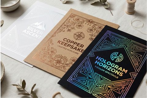 Đa dạng màu sắc nhũ vàng, nhũ bạc và hologram trong dịch vụ gia công ép kim cao cấp.