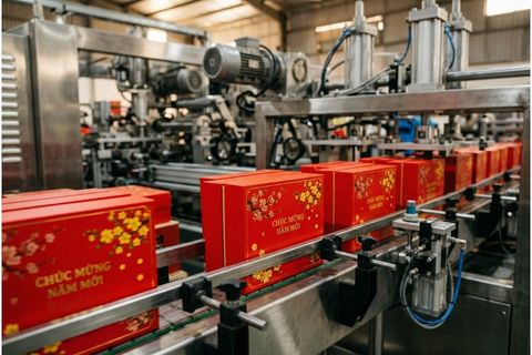 Dây chuyền bồi dán tự động đảm bảo chất lượng đồng đều khi làm hộp quà tết số lượng lớn.