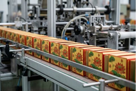 Dây chuyền bồi dán tự động đảm bảo chất lượng đồng đều khi in hộp bánh trung thu số lượng lớn.