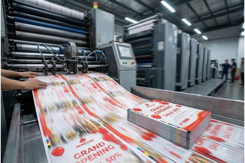 Dây chuyền in offset công suất lớn đáp ứng tiến độ hỏa tốc cho dịch vụ in tờ rơi khai trương.