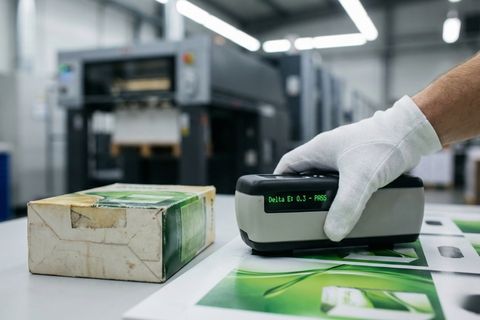 Quy trình kiểm tra màu sắc bằng máy đo chuyên dụng khi in theo mẫu doanh nghiệp để đảm bảo độ chính xác.