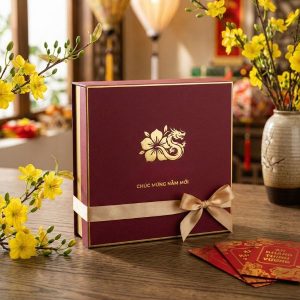 Giải pháp hộp quà tết in logo sang trọng giúp doanh nghiệp tăng cường nhận diện thương hiệu.