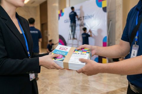 Đội ngũ giao hàng siêu tốc đảm bảo ấn phẩm in brochure gấp có mặt kịp thời tại sự kiện.
