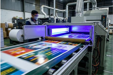 Hệ thống buồng sấy đèn cực tím hiện đại trong dây chuyền sản xuất phủ UV công nghiệp.