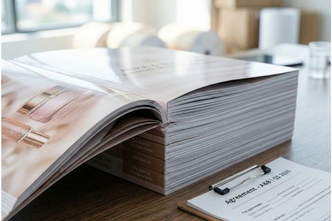 Chi tiết bìa cán màng và gáy keo nhiệt bền bỉ trong quy trình in catalogue bán hàng.