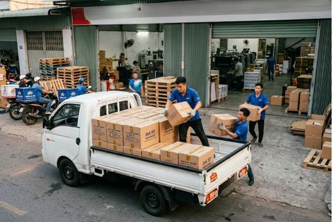 Đội ngũ giao hàng hỏa tốc trong ngày đảm bảo tiến độ hộp quà tết cho doanh nghiệp gấp.