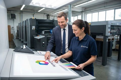 Khách hàng trực tiếp kiểm tra và duyệt màu bản in ngay tại xưởng in trực tiếp HomePrint.