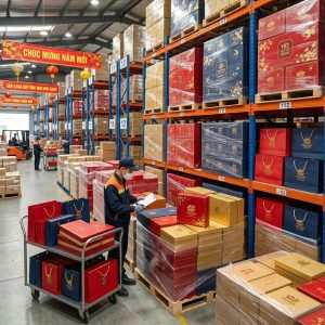 Kho hàng đa dạng mẫu mã và số lượng lớn đáp ứng dịch vụ hộp quà tết giao nhanh cho doanh nghiệp.