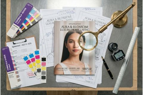 Kiểm tra chất lượng bản in thử chuẩn màu CMYK từ file thiết kế catalogue trước khi sản xuất hàng loạt.