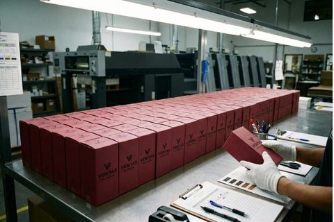 Kiểm tra chất lượng đồng đều hàng loạt tại xưởng in hộp giấy doanh nghiệp.