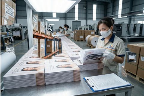 Quy trình kiểm tra chất lượng đóng gáy nghiêm ngặt đối với đơn hàng in catalogue số lượng lớn.