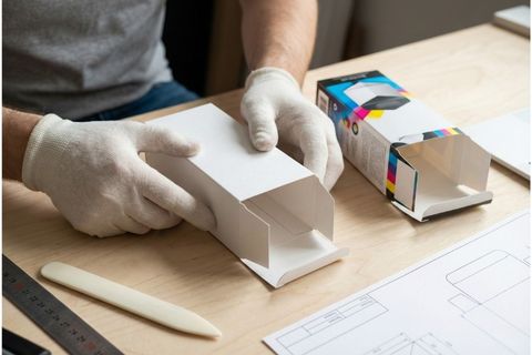 Kiểm tra kết cấu đóng mở thông qua bản mẫu mockup thực tế trong quy trình thiết kế bao bì giấy.