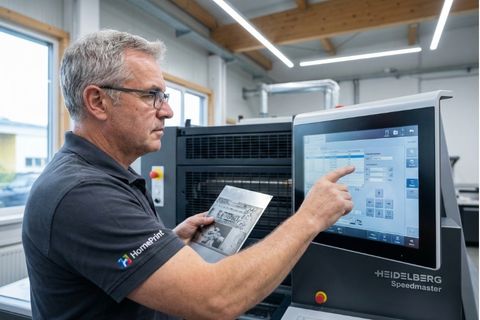 Kỹ thuật viên lành nghề đang vận hành máy in công nghiệp tại xưởng in trực tiếp HomePrint.
