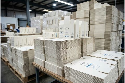 Hàng loạt vỏ hộp giấy phẳng phiu, đồng đều đáp ứng bảng báo giá in doanh nghiệp số lượng lớn.