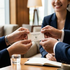 Nghi thức trao đổi giao tiếp chuyên nghiệp với dịch vụ thiết kế và in danh thiếp cao cấp.