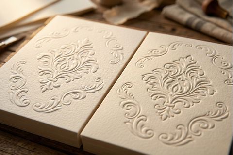 So sánh hiệu ứng thị giác 3D giữa kỹ thuật dập nổi và dập chìm trên bề mặt giấy mỹ thuật.