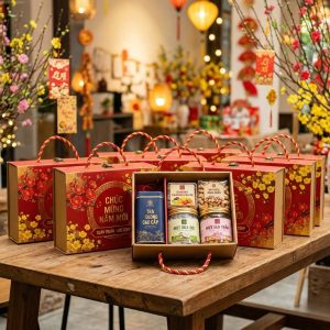 Thiết kế hộp vali quai xách tiện lợi và rực rỡ từ giải pháp in hộp quà tết cho nhân viên.