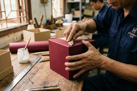 Sự khéo léo và tỉ mỉ của người thợ trong công đoạn bồi dán khi in hộp giấy Hà Nội cao cấp.