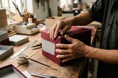 Sự khéo léo và tỉ mỉ của người thợ trong công đoạn bồi dán khi hoàn thiện bao bì hộp cứng.