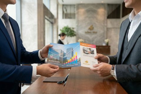 Ứng dụng ấn phẩm in brochure giới thiệu công ty hỗ trợ nhân viên giao tiếp và thuyết phục khách hàng VIP.