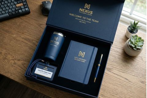 Ứng dụng hộp cứng cao cấp doanh nghiệp để đựng bộ quà tặng Welcome Kit sang trọng, đồng bộ.