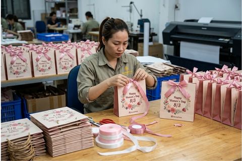 Quy trình gia công quai xách ruy băng khi in túi giấy đựng quà