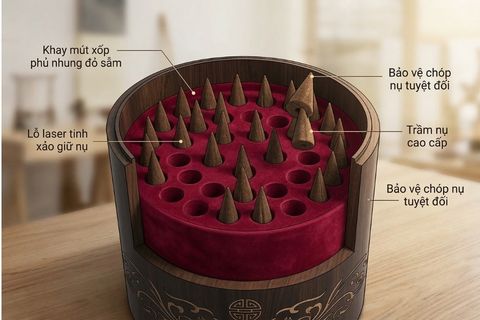 khay định hình mút xốp phủ nhung bên trong hộp ống trụ đựng trầm nụ