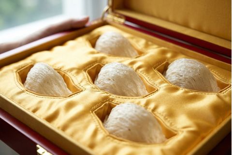 Khay lót lụa tơ tằm chống sốc bên trong hộp carton đựng yến