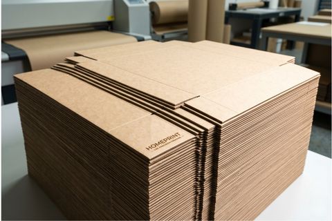 Các xấp bao bì in màu giấy cứng phẳng phiu chờ đóng gói.