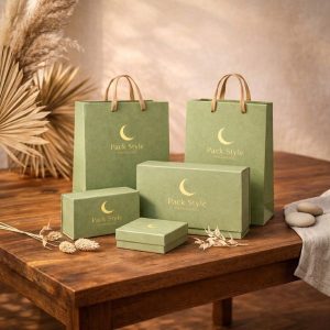 Bộ đôi túi giấy và hộp giấy đồng bộ thiết kế và màu sắc.