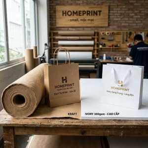 Các dòng giấy làm túi giấy phổ biến như Kraft, Ivory và Couche.