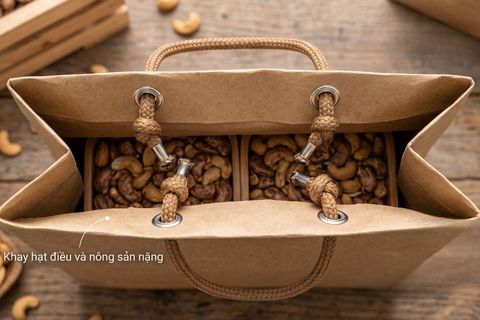 Hệ thống điểm neo chịu lực và khuy mắt cáo kim loại trong bản thiết kế bao bì túi giấy siêu chịu tải tại nhà máy.
