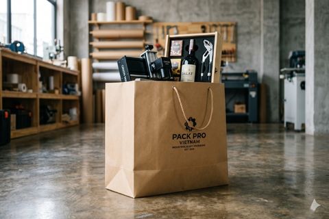 Thiết kế đáy vuông vững chãi gánh vác tải trọng khi in túi giấy cho công ty.