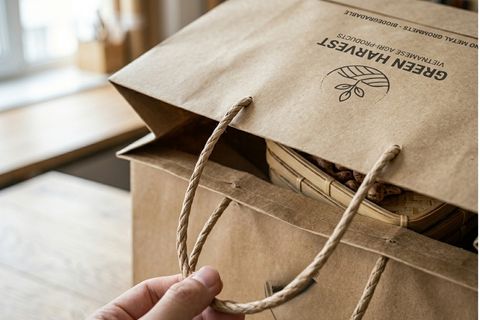 Chi tiết nẹp miệng gia cố và quai xoắn giấy siêu chịu lực của túi giấy bảo vệ môi trường.