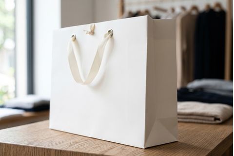 Túi giấy Ivory trắng mịn đanh cứng đựng quần áo cao cấp.