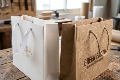 Chất liệu giấy Ivory và Kraft đanh thép dùng in túi giấy lấy ngay.