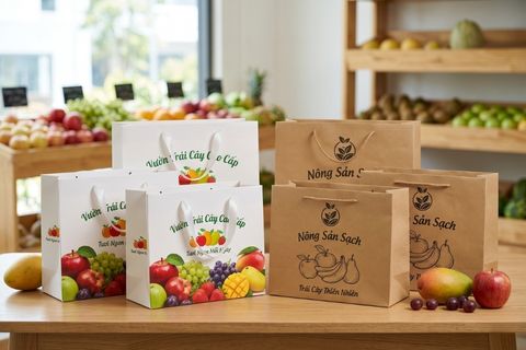 Thiết kế đáy bè ngang vững chãi khi in túi giấy đựng hoa quả.