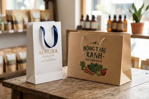 Hệ thống quai xách chắc chắn của thành phẩm in túi giấy quảng cáo.