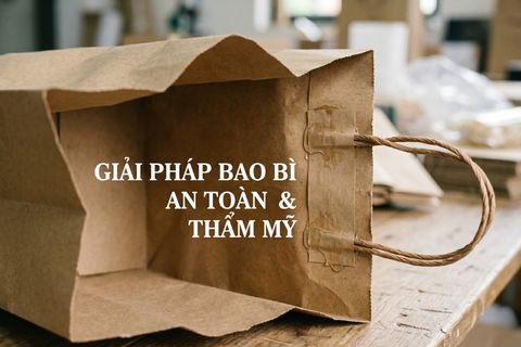 Túi giấy quai xoắn đồng bộ với kỹ thuật in màu trắng trên giấy kraft. 
