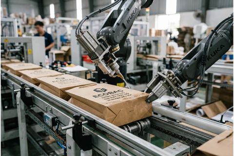 Hệ thống robot dán đáy tự động khi in nhanh túi giấy giá rẻ. 