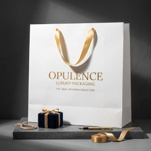 Mẫu in túi giấy cỡ lớn chất liệu Ivory cao cấp với kết cấu vuông vức và kỹ thuật ép kim logo sang trọng tại Home Print.