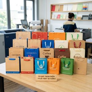 Dịch vụ in túi giấy lấy ngay với chất lượng sắc nét và phom dáng vuông vức.
